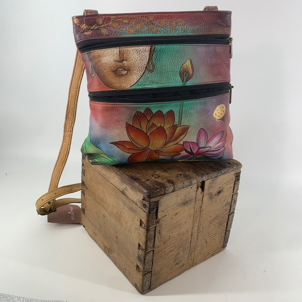 Anuschka Hand Painted Leather Buddha Lotus Crossbody Bag Floral Art Purse NEW
